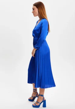 Women's Midi Dress with Pleat Details and V-Neck in Royal Blue - Liquorish