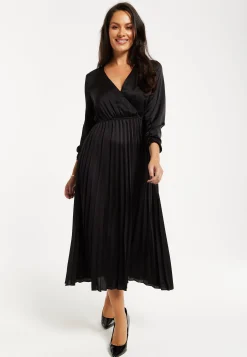 Women's Midi Dress with Pleat Details in Black, V Neck and Sleeveless Design, by Liquorish