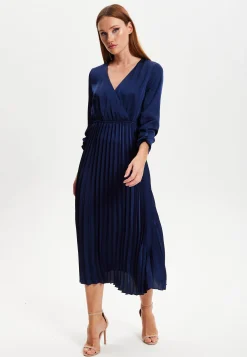 Women's Midi Dress with Pleat Details in Navy, V Neck and Regular Fit, Perfect for Any Occasion - Liquorish