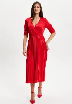 Women's Midi Dress with Pleat Details and V Neckline in Red - Stylish Regular Fit, Short Sleeve, by Liquorish