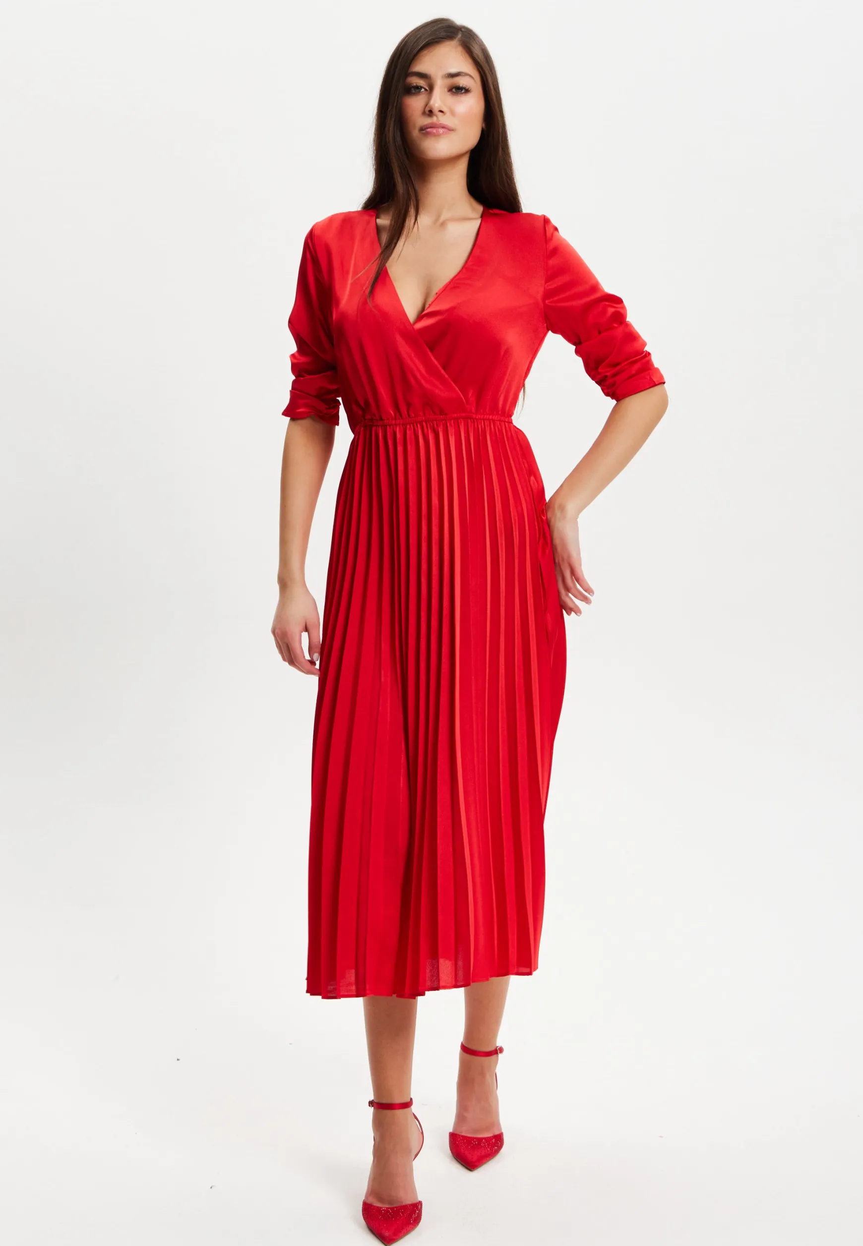 Women's Midi Dress with Pleat Details and V Neckline in Red - Stylish Regular Fit, Short Sleeve, by Liquorish