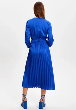Women's Midi Dress with Pleat Details and V-Neck in Royal Blue - Liquorish