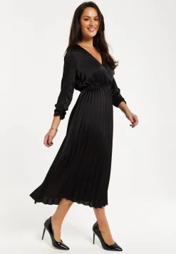 Women's Midi Dress with Pleat Details in Black, V Neck and Sleeveless Design, by Liquorish