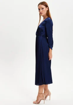 Women's Midi Dress with Pleat Details in Navy, V Neck and Regular Fit, Perfect for Any Occasion - Liquorish
