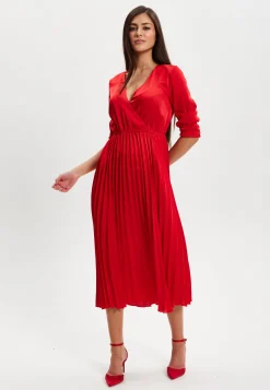 Women's Midi Dress with Pleat Details and V Neckline in Red - Stylish Regular Fit, Short Sleeve, by Liquorish