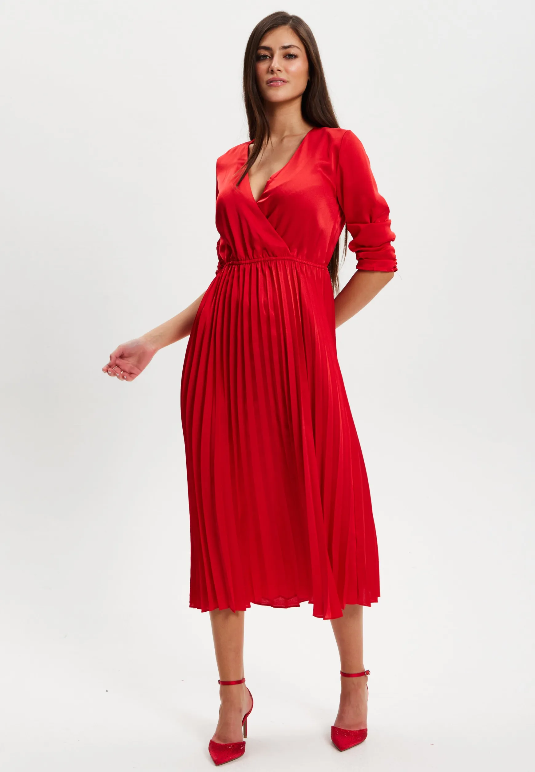 Women's Midi Dress with Pleat Details and V Neckline in Red - Stylish Regular Fit, Short Sleeve, by Liquorish