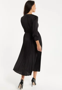 Women's Midi Dress with Pleat Details in Black, V Neck and Sleeveless Design, by Liquorish