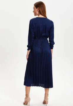 Women's Midi Dress with Pleat Details in Navy, V Neck and Regular Fit, Perfect for Any Occasion - Liquorish