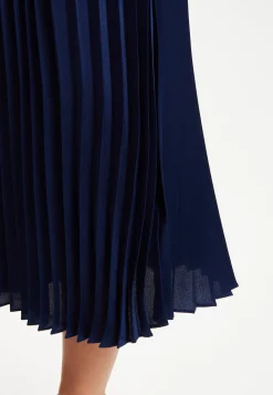 Women's Midi Dress with Pleat Details in Navy, V Neck and Regular Fit, Perfect for Any Occasion - Liquorish