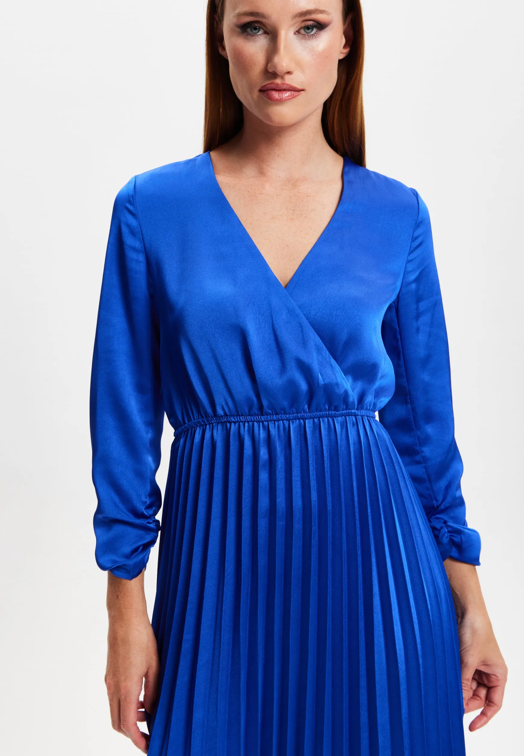 Women's Midi Dress with Pleat Details and V-Neck in Royal Blue - Liquorish