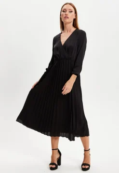 Women's Midi Dress with Pleat Details in Black, V Neck and Sleeveless Design, by Liquorish