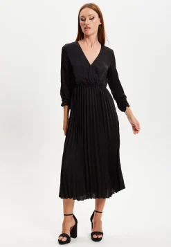 Women's Midi Dress with Pleat Details in Black, V Neck and Sleeveless Design, by Liquorish