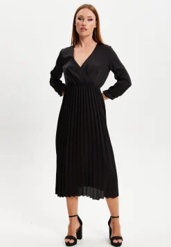Women's Midi Dress with Pleat Details in Black, V Neck and Sleeveless Design, by Liquorish