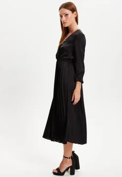 Women's Midi Dress with Pleat Details in Black, V Neck and Sleeveless Design, by Liquorish