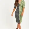 Women's Midi Dress with Polka Dot Print, Knot Front, Short Sleeves, V Neck, Front Slit in Contrast Colours by Liquorish