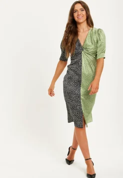 Women's Midi Dress with Polka Dot Print, Knot Front, Short Sleeves, V Neck, Front Slit in Contrast Colours by Liquorish