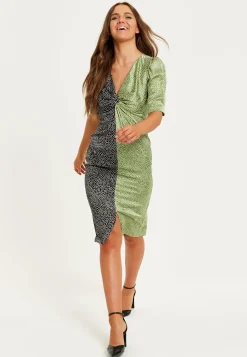 Women's Midi Dress with Polka Dot Print, Knot Front, Short Sleeves, V Neck, Front Slit in Contrast Colours by Liquorish