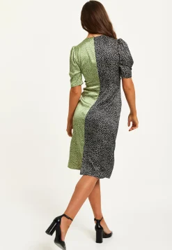 Women's Midi Dress with Polka Dot Print, Knot Front, Short Sleeves, V Neck, Front Slit in Contrast Colours by Liquorish