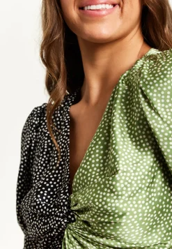 Women's Midi Dress with Polka Dot Print, Knot Front, Short Sleeves, V Neck, Front Slit in Contrast Colours by Liquorish