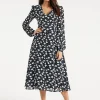 Women's Midi Dress with Puffy Sleeves in Black - Floral and Heart Print by Liquorish