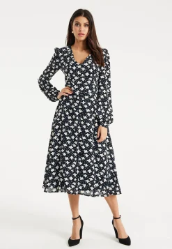 Women's Midi Dress with Puffy Sleeves in Black - Floral and Heart Print by Liquorish