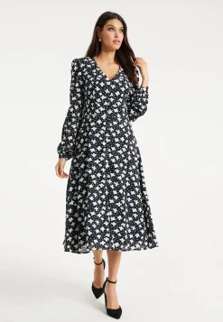 Women's Midi Dress with Puffy Sleeves in Black - Floral and Heart Print by Liquorish