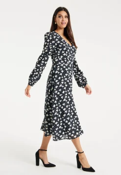 Women's Midi Dress with Puffy Sleeves in Black - Floral and Heart Print by Liquorish