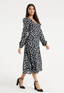 Women's Midi Dress with Puffy Sleeves in Black - Floral and Heart Print by Liquorish