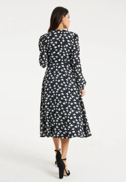 Women's Midi Dress with Puffy Sleeves in Black - Floral and Heart Print by Liquorish