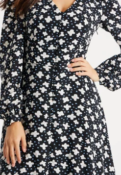 Women's Midi Dress with Puffy Sleeves in Black - Floral and Heart Print by Liquorish