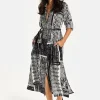 Women's Midi Dress with Scarf Print, Button Through Front, Tie Waist, Roll-Up Sleeves, Elegant Viscose Fabric