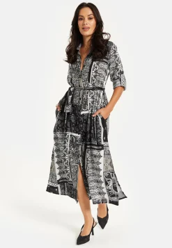 Women's Midi Dress with Scarf Print, Button Through Front, Tie Waist, Roll-Up Sleeves, Elegant Viscose Fabric