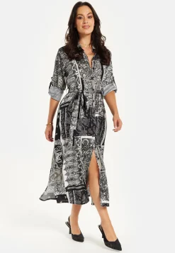 Women's Midi Dress with Scarf Print, Button Through Front, Tie Waist, Roll-Up Sleeves, Elegant Viscose Fabric