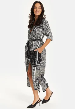 Women's Midi Dress with Scarf Print, Button Through Front, Tie Waist, Roll-Up Sleeves, Elegant Viscose Fabric