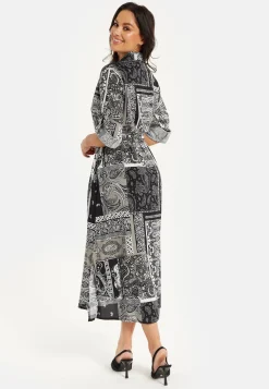 Women's Midi Dress with Scarf Print, Button Through Front, Tie Waist, Roll-Up Sleeves, Elegant Viscose Fabric