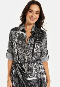 Women's Midi Dress with Scarf Print, Button Through Front, Tie Waist, Roll-Up Sleeves, Elegant Viscose Fabric