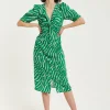 Women's Midi Dress with Short Sleeves in Green Zebra Print and Knot Front Design - Liquorish