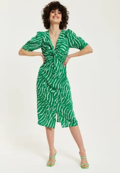 Women's Midi Dress with Short Sleeves in Green Zebra Print and Knot Front Design - Liquorish