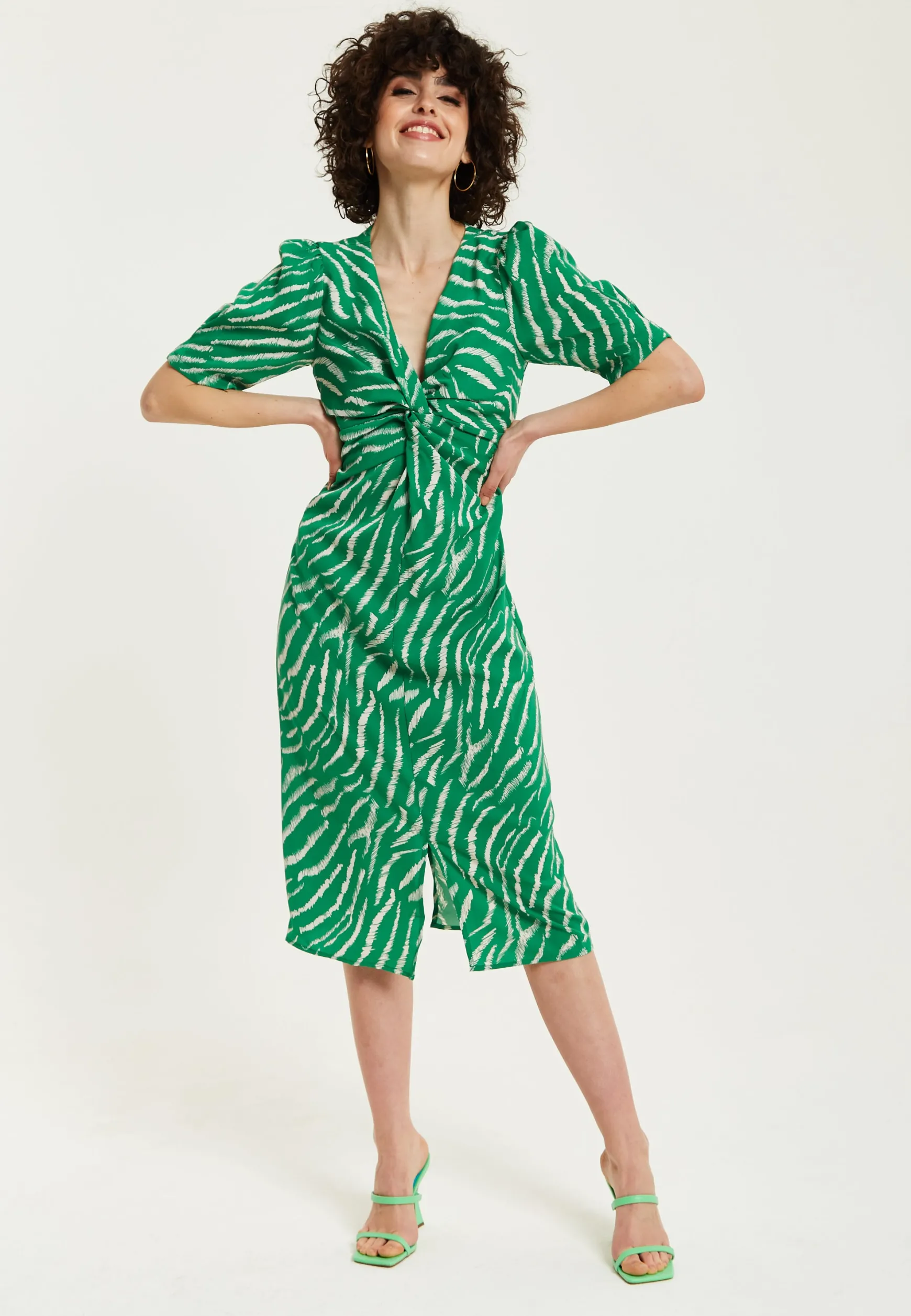 Women's Midi Dress with Short Sleeves in Green Zebra Print and Knot Front Design - Liquorish