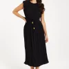 Women's Midi Dress with Short Sleeves in Black, Pleated Design and Waist Tie, Perfect for Any Occasion - Liquorish