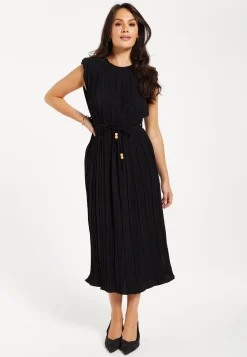 Women's Midi Dress with Short Sleeves in Black, Pleated Design and Waist Tie, Perfect for Any Occasion - Liquorish
