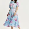 Women's Midi Dress with Short Sleeves in Blue Floral Print and Mesh Detail - Liquorish