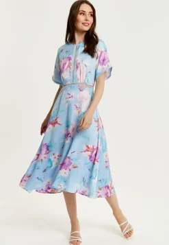 Women's Midi Dress with Short Sleeves in Blue Floral Print and Mesh Detail - Liquorish