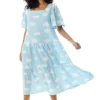 Women's Midi Dress with Short Sleeves and Cloud Print in Blue by Liquorish