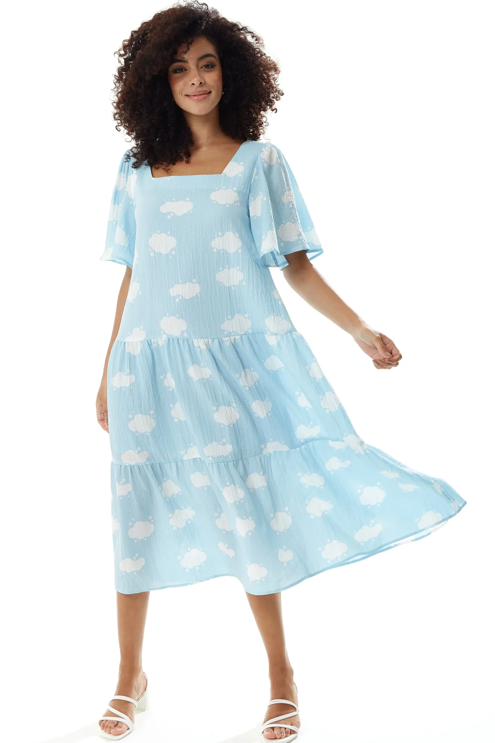 Women's Midi Dress with Short Sleeves and Cloud Print in Blue by Liquorish