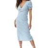 Women's Midi Dress with Short Sleeves and Cut Out Front in Blue and White - Liquorish