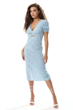Women's Midi Dress with Short Sleeves and Cut Out Front in Blue and White - Liquorish