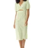 Women's Midi Dress with Short Sleeves in Green and White Gingham - Cut Out Front - Deep V Neck - Liquorish