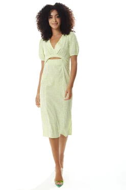 Women's Midi Dress with Short Sleeves in Green and White Gingham - Cut Out Front - Deep V Neck - Liquorish
