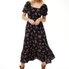 Women's Midi Dress with Short Sleeves and Floral Print in Black - Stylish Cut Out Back by Liquorish